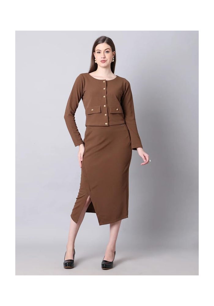 Exude طقم تنورة ميدي بني للنساء - Image 5