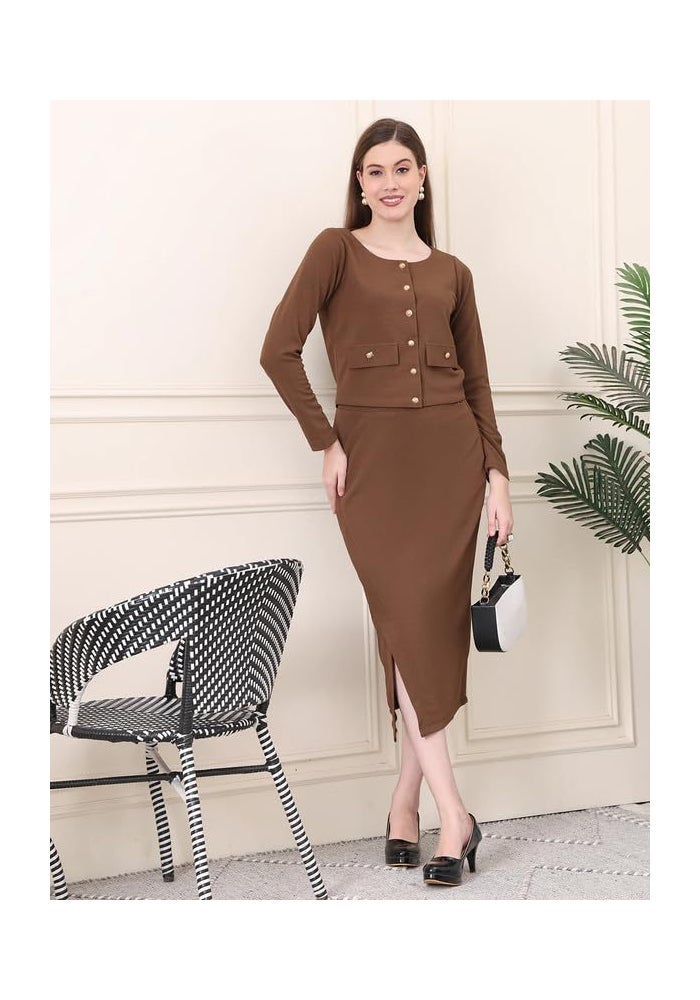 Exude طقم تنورة ميدي بني للنساء - Image 2