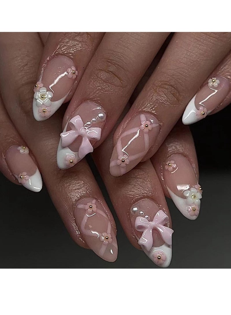 JOSQUEWNN Press On Nails 24pcs, Sweet Pink Bow Decorated Floral French White Press-On Nails, Intertwined Stripe Design, Perfectly Showcasing Elegance and Fashion, A Charming Nail Set Suitable for Various Occasions. Fake Acrylic Nails With Glue Kit. - Image 1