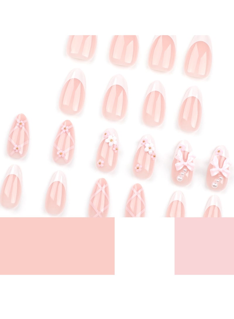 JOSQUEWNN Press On Nails 24pcs, Sweet Pink Bow Decorated Floral French White Press-On Nails, Intertwined Stripe Design, Perfectly Showcasing Elegance and Fashion, A Charming Nail Set Suitable for Various Occasions. Fake Acrylic Nails With Glue Kit. - Image 2