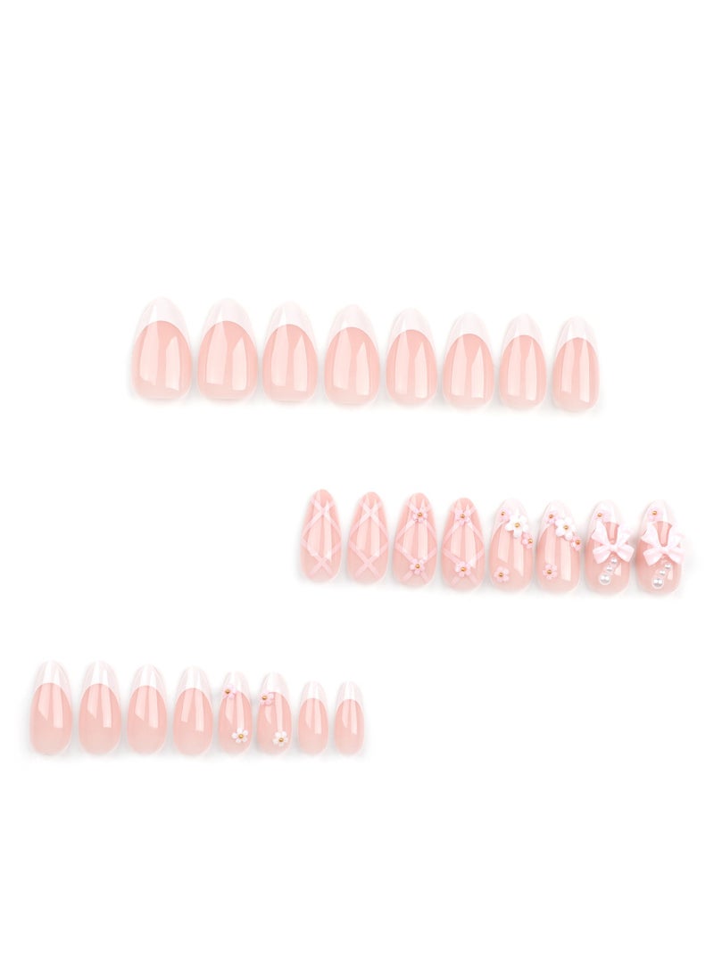 JOSQUEWNN Press On Nails 24pcs, Sweet Pink Bow Decorated Floral French White Press-On Nails, Intertwined Stripe Design, Perfectly Showcasing Elegance and Fashion, A Charming Nail Set Suitable for Various Occasions. Fake Acrylic Nails With Glue Kit. - Image 5