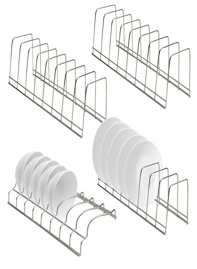 DIBALIYI 4 Pack Pot Lid Organizer for Cabinet with Plate Drying Rack, Stainless Steel Pot Lid Holder for Kitchen, Small Dish Drainer, Serving Trays Container, Counter Storage Shelf for Pans Pots Cutting Boards - Image 1