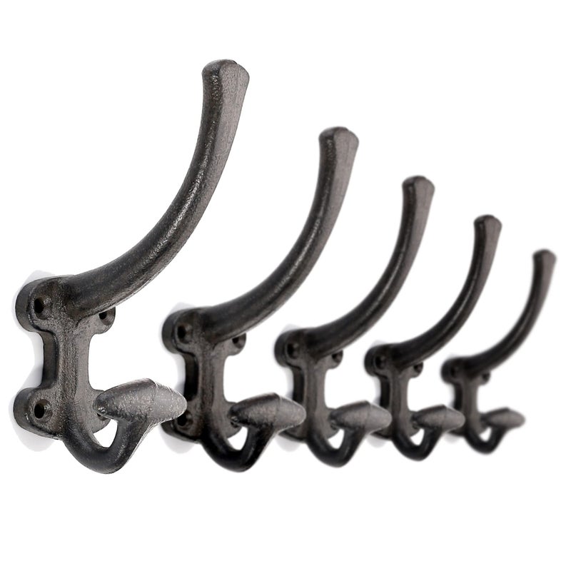 Ambipolar 5Pack Decorative Cast Iron Heavy Duty Double Wall Hooks Vintage Hooks in Antique Black Coat Hooks Wall Mounted for Mudroom Hat Rack