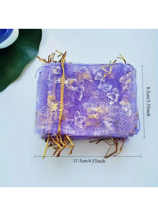 100pcs Purple Butterfly Organza Storage Bag Polyester Transparent Golden Print Gift - Image 4