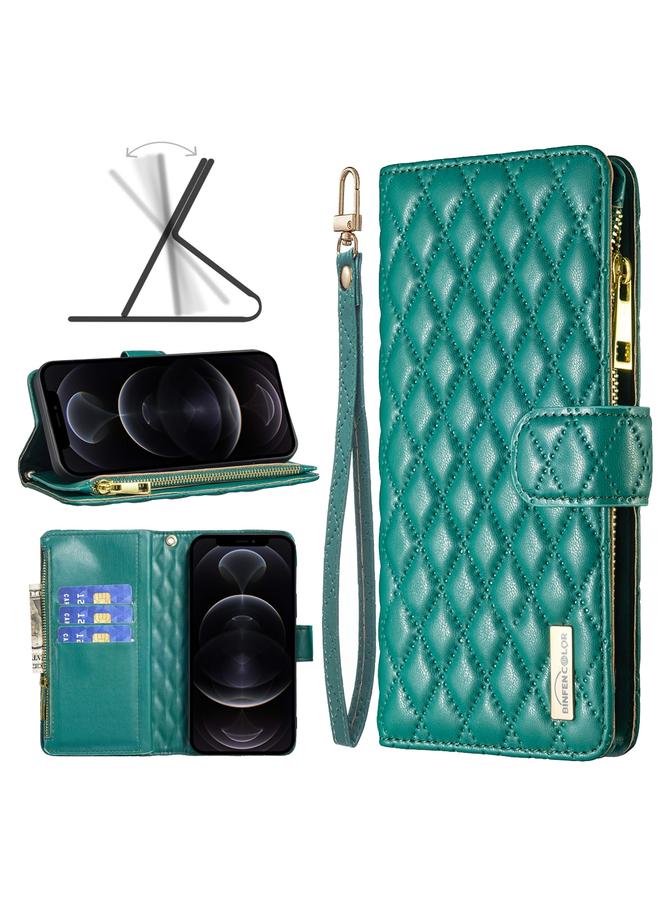 Zaboon Case For iPhone 12 / 12 Pro Diamond Lattice Zipper Wallet Leather Flip Phone Case - Image 1