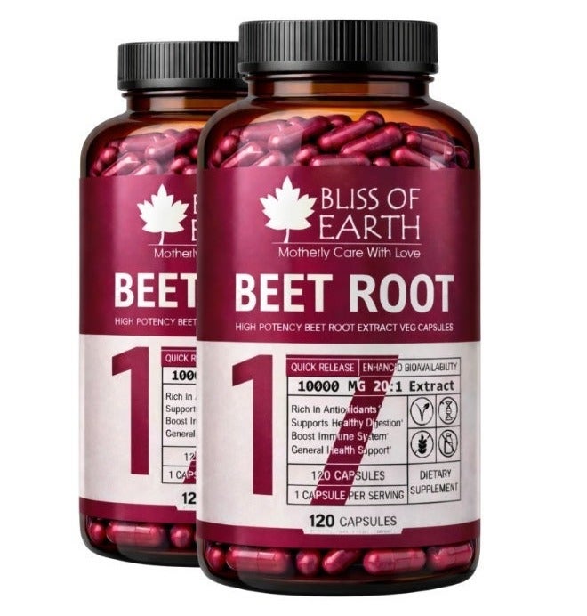 بليس اوف ايرث Bliss of Earth Beet Root Capsules 10000mg (20: 1) مستخلص جذر البنجر عالي الفاعلية | عبوة من قطعتين (120 كبسولة لكل عبوة) | يدعم الدورة الدموية والطاقة والقدرة على التحمل | معزز أكسيد النيتريك | كبسولات نباتية - Image 1