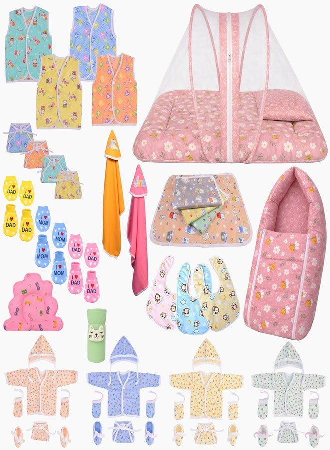Kwitchy Newborn Baby Essentials Kit 47 Items Combo | New Born Baby Kit 0-6 Months | Baby Bed Bedding Clothes Set | Hospital Bag & (Pink) - Image 1