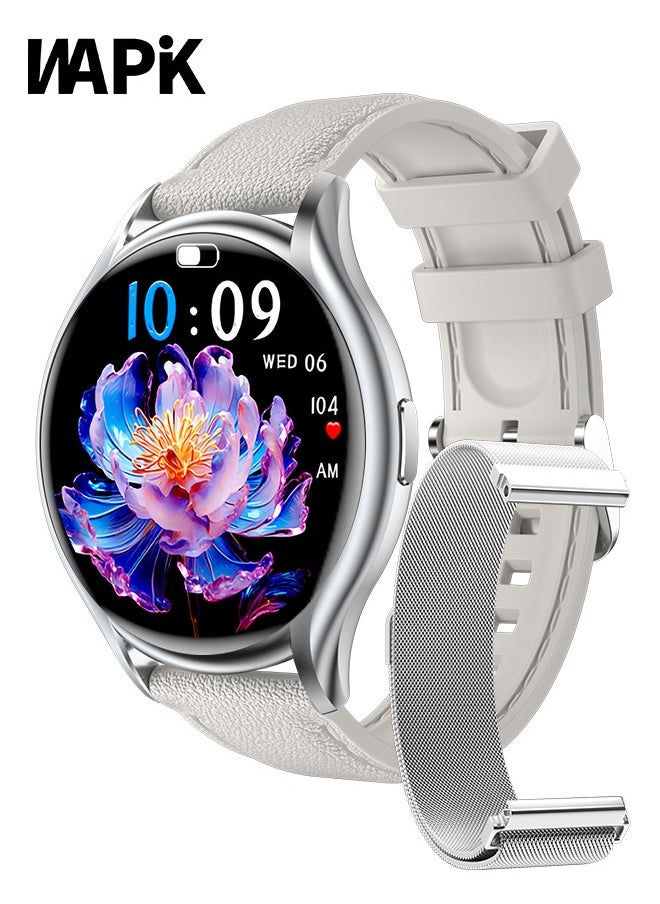 WAPIK Korean Brand Y2 Women's Smartwatch – Business & Fitness Watch, Waterproof, Bluetooth Calling, AMOLED Display, Heart Rate Monitoring, Compatible with Android & iOS, Ultra-thin Design, Silver 