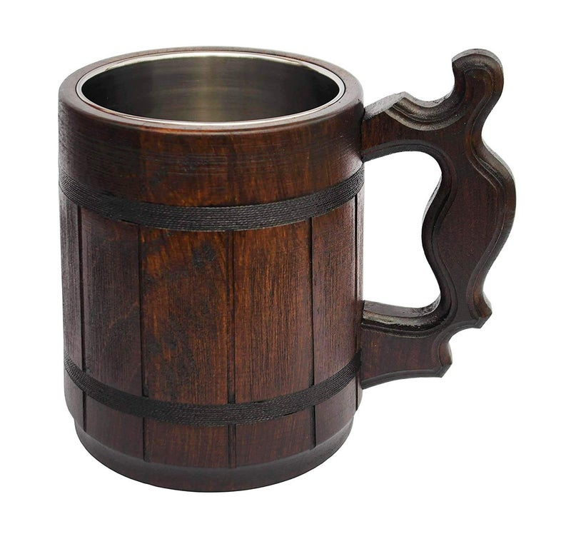 Etno Motif Etno Motif Handmade Wood Mug 20 oz Stainless Steel Cup Carved Natural Beer Stein OldFashioned Brown  Wood Carving Beer Mug of Wood Wooden Beer Tankard Capacity 20oz 600ml  Great Gift Idea