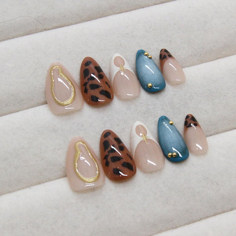 Lnulyaciy Almond Press on Nails Medium Fake Nails French Tip Nails Press Ons with Rhinestone Design False Nail Full Cover Glossy Acrylic Nail Leopard Print Glue on Nail for Women Manicure Decoration 24Pcs - Image 3