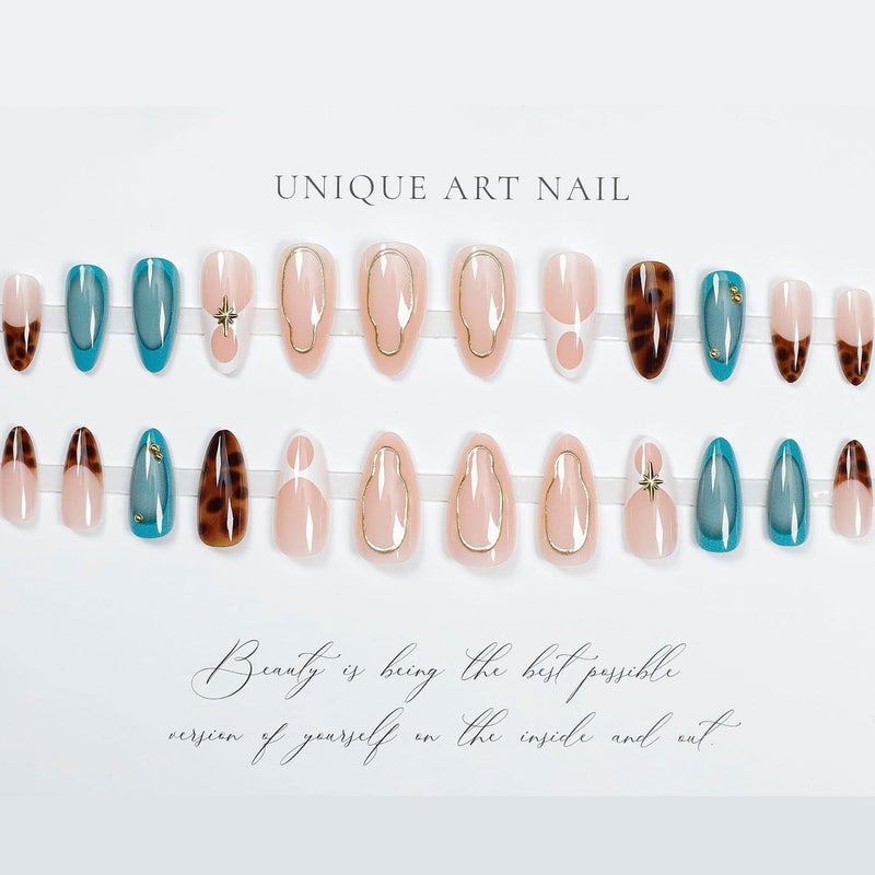 Lnulyaciy Almond Press on Nails Medium Fake Nails French Tip Nails Press Ons with Rhinestone Design False Nail Full Cover Glossy Acrylic Nail Leopard Print Glue on Nail for Women Manicure Decoration 24Pcs - Image 5