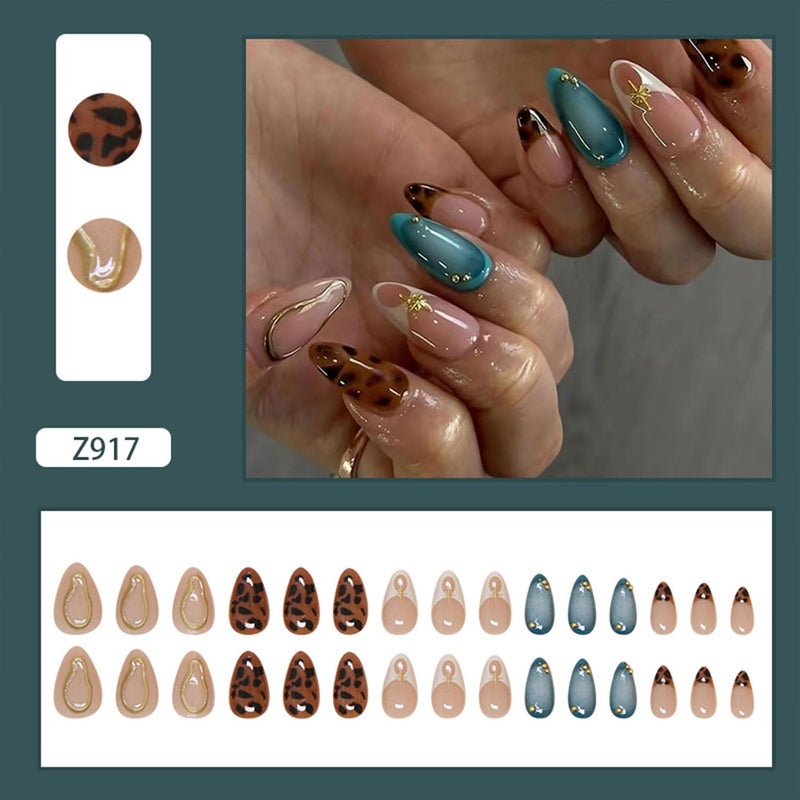 Lnulyaciy Almond Press on Nails Medium Fake Nails French Tip Nails Press Ons with Rhinestone Design False Nail Full Cover Glossy Acrylic Nail Leopard Print Glue on Nail for Women Manicure Decoration 24Pcs - Image 4