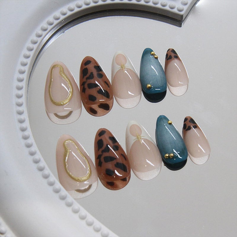 Lnulyaciy Almond Press on Nails Medium Fake Nails French Tip Nails Press Ons with Rhinestone Design False Nail Full Cover Glossy Acrylic Nail Leopard Print Glue on Nail for Women Manicure Decoration 24Pcs - Image 2
