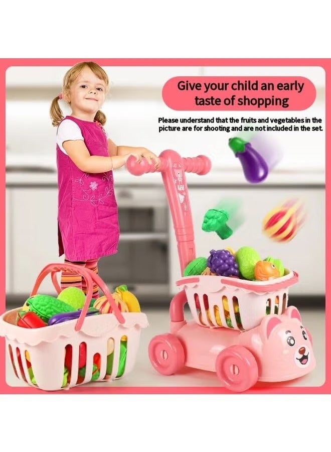 Shopping Cart Toy, Shopping Cart Trolley Play Set, Shopping Basket and Trolley 2 In 1 Toy,  Little Helper's Shopping Cart, Pretend Play Grocery Shopping Cart, Kids Shopping Cart with Food Shopping Trolley Basket, Shopping Trolley with Wheels, Educational Toy for Kids and Toddler, Kids Supermarket Shopping Cart, Child-Safe and Durable, Easy Assembly (Pink)  - Image 4