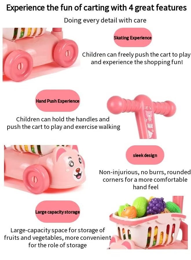 Shopping Cart Toy, Shopping Cart Trolley Play Set, Shopping Basket and Trolley 2 In 1 Toy,  Little Helper's Shopping Cart, Pretend Play Grocery Shopping Cart, Kids Shopping Cart with Food Shopping Trolley Basket, Shopping Trolley with Wheels, Educational Toy for Kids and Toddler, Kids Supermarket Shopping Cart, Child-Safe and Durable, Easy Assembly (Pink)  - Image 5