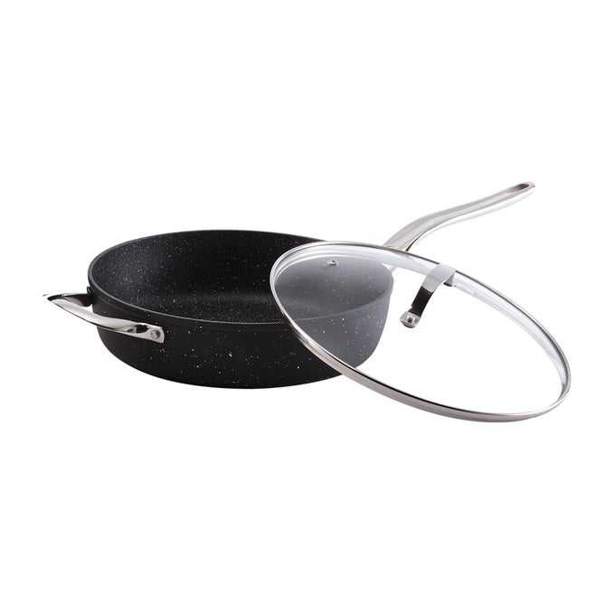 THE ROCK CLASSIC 11 28CM NONSTICK DEEP FRY PAN WITH HELPER HANDLE AND GLASS LID DURABLE FORGED ALUMINUM OVEN SAFE PFOA FREE EASY TO CLEAN