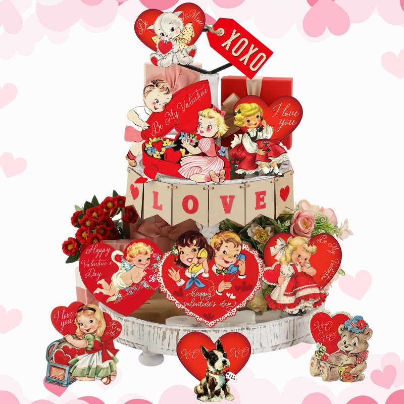 Nitial 16 Pcs Valentines Tiered Tray Decor Vintage Rustic Valentines Table Wooden Sign Retro Tiered Tray Decorations for Holiday Kitchen Party Table Decor Farmhouse Home Houseroom Gift - Image 1