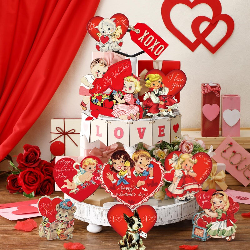 Nitial 16 Pcs Valentines Tiered Tray Decor Vintage Rustic Valentines Table Wooden Sign Retro Tiered Tray Decorations for Holiday Kitchen Party Table Decor Farmhouse Home Houseroom Gift - Image 2