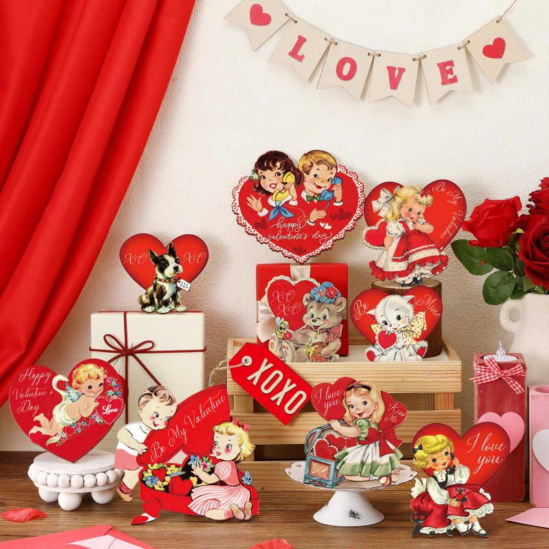 Nitial 16 Pcs Valentines Tiered Tray Decor Vintage Rustic Valentines Table Wooden Sign Retro Tiered Tray Decorations for Holiday Kitchen Party Table Decor Farmhouse Home Houseroom Gift - Image 5