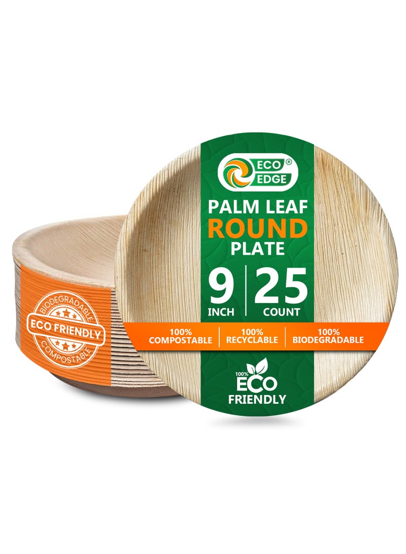 EcoEdge 9 Inch Round Areca Palm Leaf Disposable Plates  (Pack of 25) | Compostable, Biodegradable, Recyclable | Sturdy, Heavy Duty Disposable, Chemical Free | Toxin and BPA Free | 100% Natural - Image 1