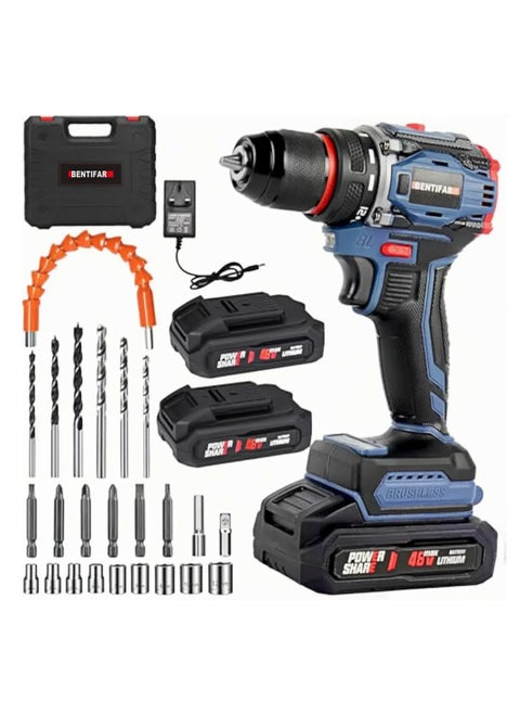 Brushless 48V Cordless Electric Drill, Multifunctional Impact Drill for Home Use, Furniture Assembly Tool with Knockable Design and 2 Batteries(Blue-A)
