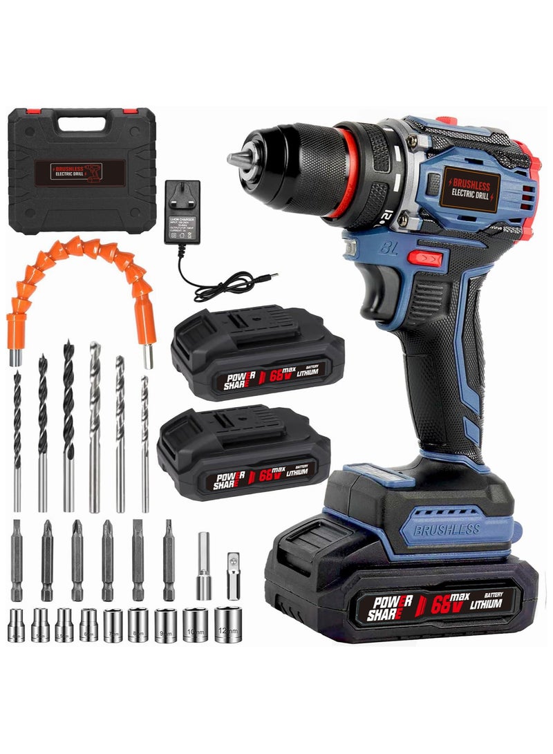 أبيكسلل مثقاب كهربائي لاسلكي بدون فرشاة بجهد 68 فولت، مثقاب تأثيري متعدد الوظائف للاستخدام المنزلي، أداة تجميع الأثاث مع تصميم قابل للطرق وبطاريتين (أزرق-A) - Image 1