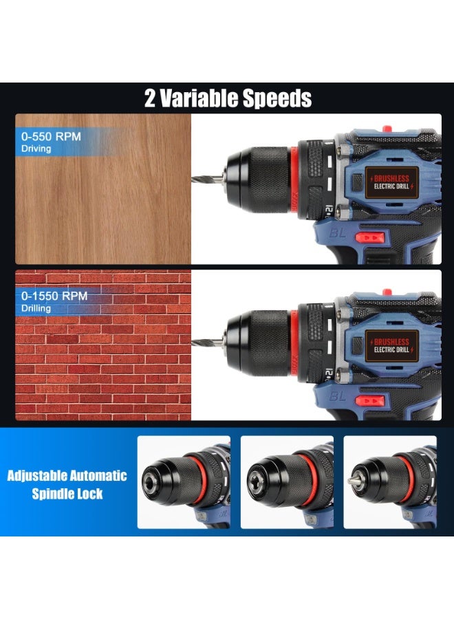 أبيكسلل مثقاب كهربائي لاسلكي بدون فرشاة بجهد 68 فولت، مثقاب تأثيري متعدد الوظائف للاستخدام المنزلي، أداة تجميع الأثاث مع تصميم قابل للطرق وبطاريتين (أزرق-A) - Image 4