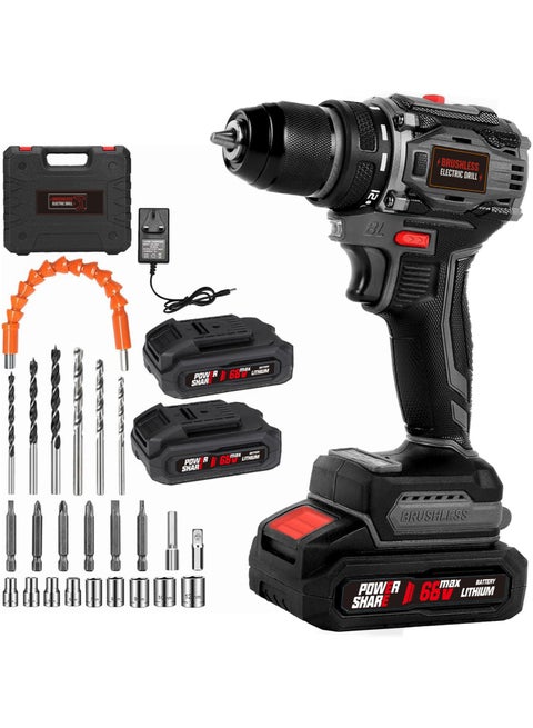 Brushless 68V Cordless Electric Drill, Multifunctional Impact Drill for Home Use, Furniture Assembly Tool with Knockable Design and 2 Batteries(Blue-A)