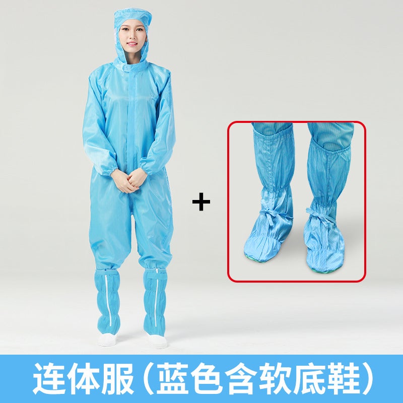 Dust-free clothing One-piece full-body anti-static clothing Work clothes plus shoes Purification clothing Dust-proof clothing Dust-free clothing Washable Blue one-piece hooded shoes with soft soles (four even)