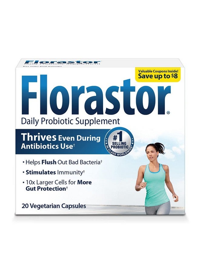 Florastor Probiotics for Digestive & Immune Health, 20 Capsules, Probiotics for Women & Men, Dual action helps flush out bad bacteria & boosts the good with our unique strain Saccharomyces boulardii - Image 1