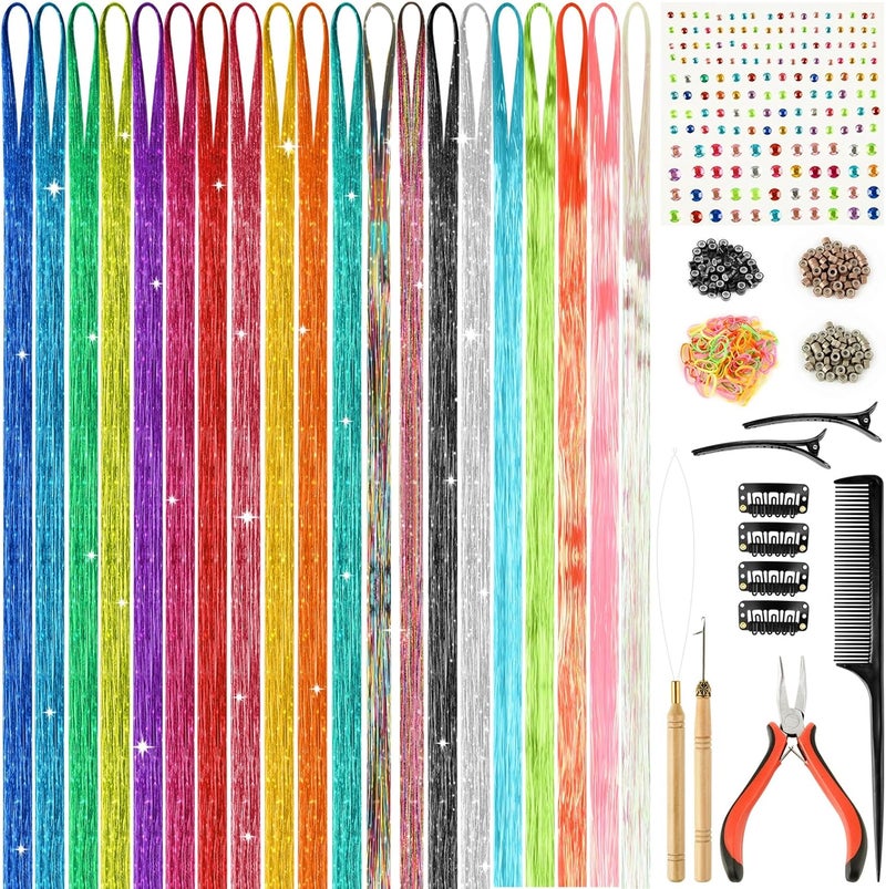 PLULON 20 Colors Hair Tinsel Kit with Tools 4000 Strands 47 Inches Tinsel Hair Extensions Glitter Fairy Hair Extensions Tinsel Kit for Girls Women Christmas New Year Party