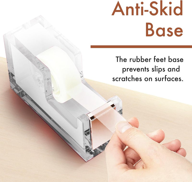 OfficeGoods Acrylic Tape Dispenser – Modern Desk Organizer for Office Supplies – Heavy Duty Refillable Tape Holder for Home and School Crafting – Stylish Desktop Accessory for Gift Wrapping, Rose Gold - Image 3