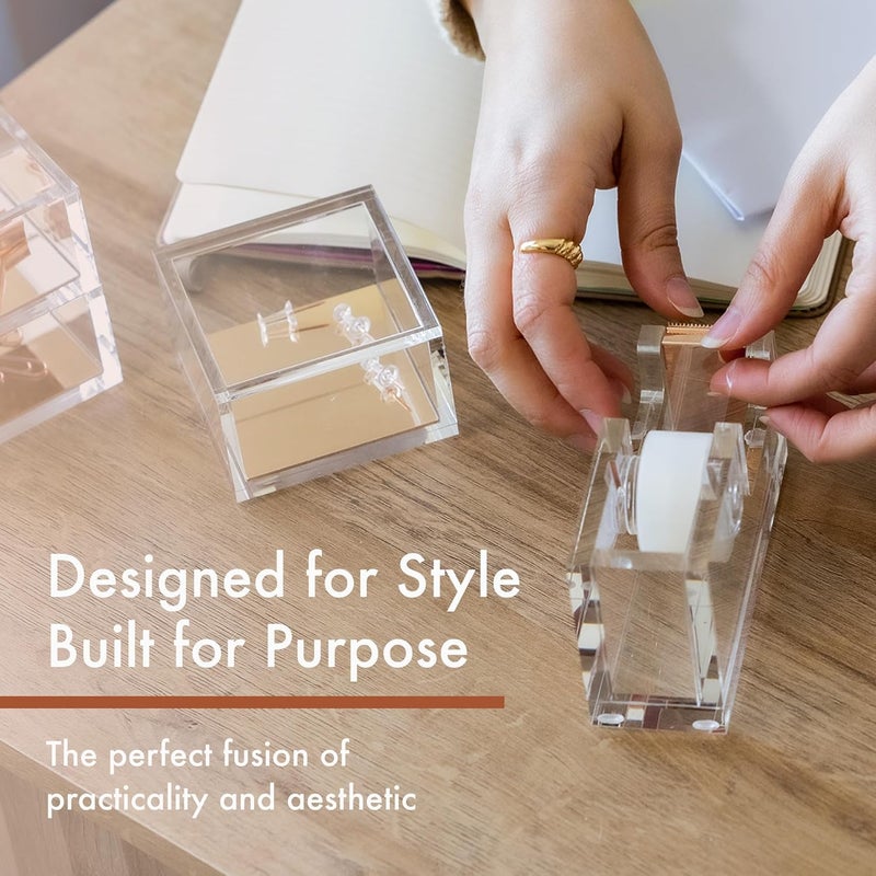 OfficeGoods Acrylic Tape Dispenser – Modern Desk Organizer for Office Supplies – Heavy Duty Refillable Tape Holder for Home and School Crafting – Stylish Desktop Accessory for Gift Wrapping, Rose Gold - Image 5