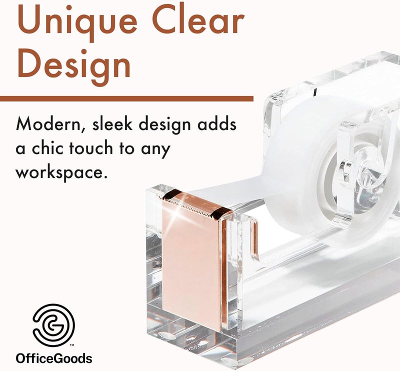 OfficeGoods Acrylic Tape Dispenser – Modern Desk Organizer for Office Supplies – Heavy Duty Refillable Tape Holder for Home and School Crafting – Stylish Desktop Accessory for Gift Wrapping, Rose Gold - Image 2