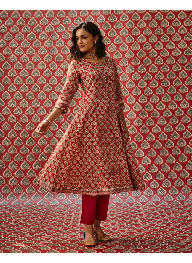 فاب انديا Red Cotton Hand Block Printed Slim Fit Long Kurta