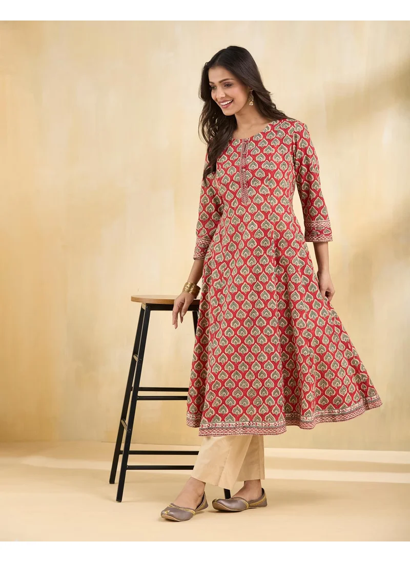 فاب انديا Red Cotton Hand Block Printed Slim Fit Long Kurta