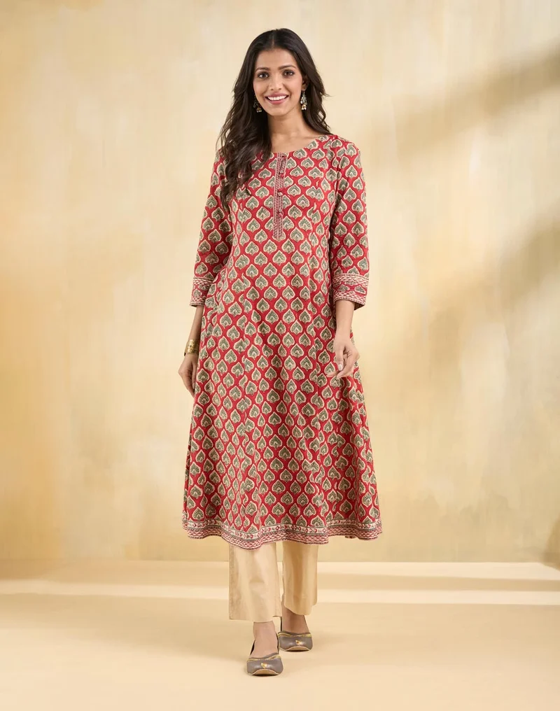 Fabindia Red Cotton Hand Block Printed Slim Fit Long Kurta