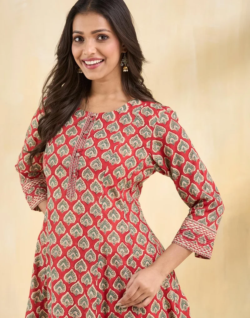 Fabindia Red Cotton Hand Block Printed Slim Fit Long Kurta