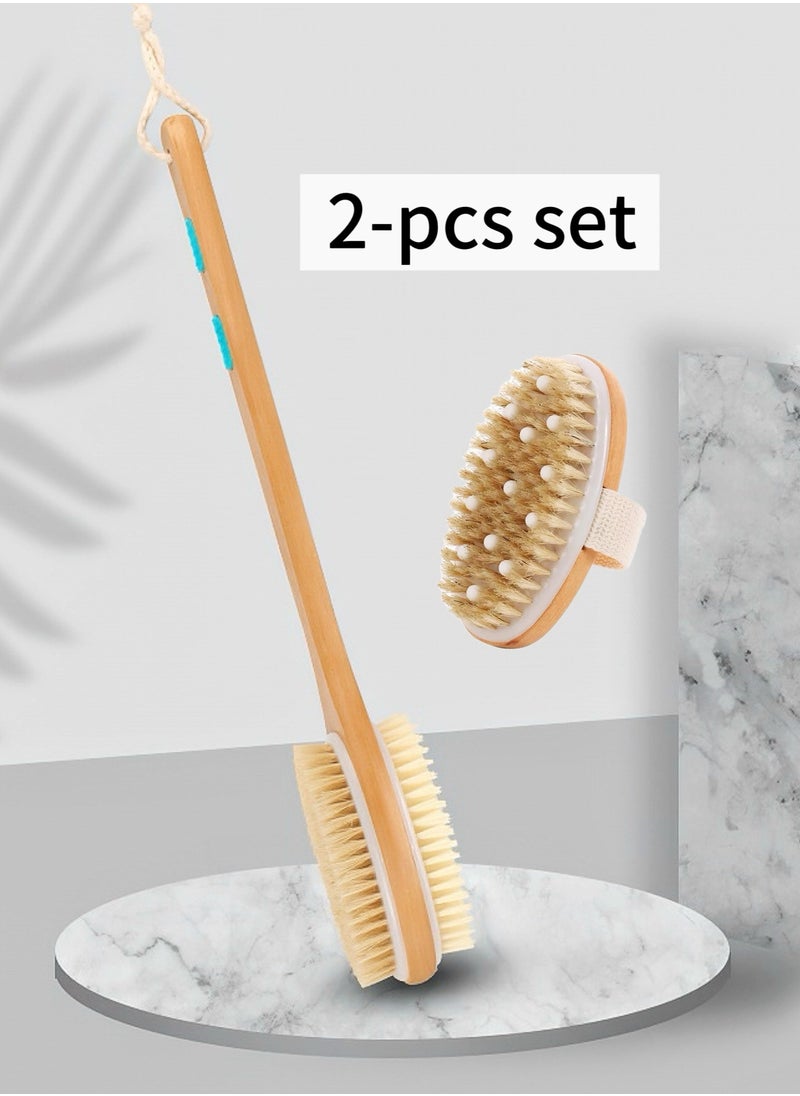 Set of Long Handle Dual Side Bath Shower Exfoliating Body Scrubber and Handheld Bath Brush with Massage Nodules