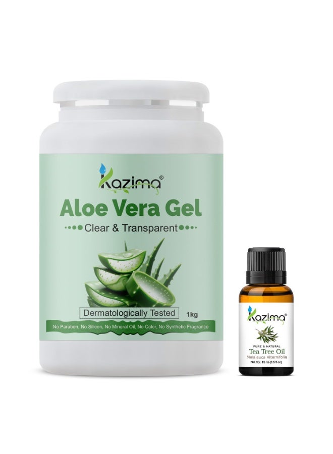 KAZIMA Combo of Aloe Vera Gel 1Kg & Tea Tree Essential Oil 15ml - 100% Pure & Natural for Skin, Face, Acne Scars, Hair, Moisturizer & Dark Circles (Combo of 2) - Image 1