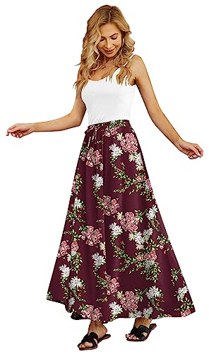 Yincro Women's Flowy Maxi Skirt Summer Pleated High Waisted Casual Long Skirts with Pockets (Flower Wine Red, L) - Image 2