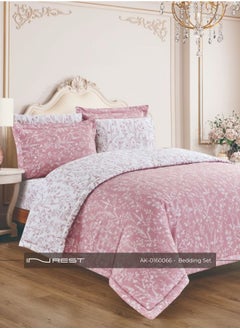 Inrest Home 6-piece Bedding Set – Includes King Comforter (230×250 cm), Fitted Sheet, and 4 Pillow Covers – 100% Cotton in Pink with White and Pink Patterns.  - Image 1
