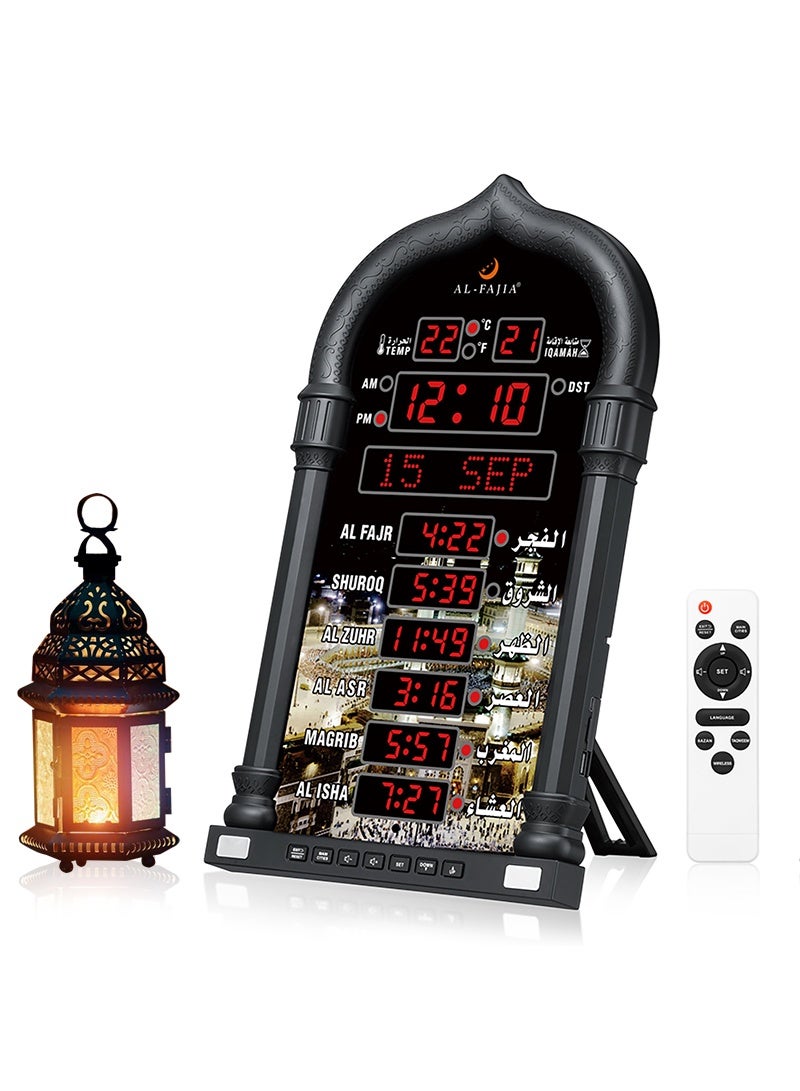 الفاتحة ساعة حائط أذان متعددة اللغات مع شاشة رقمية LED ومكبر صوت لاسلكي و8 أصوات أذان للمسجد والصلاة الإسلامية (أسود) - Image 1