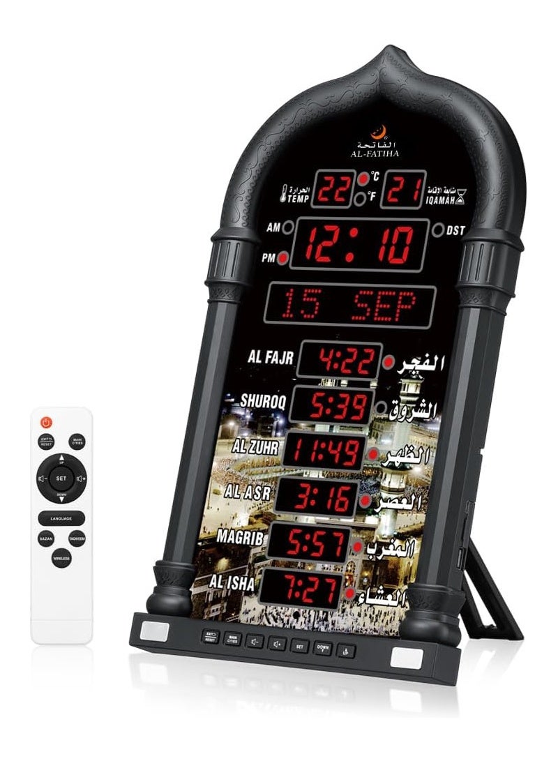 الفاتحة ساعة حائط أذان متعددة اللغات مع شاشة رقمية LED ومكبر صوت لاسلكي و8 أصوات أذان للمسجد والصلاة الإسلامية (أسود) - Image 4