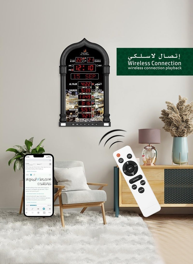 AL-FATIHA Multi-Language Azan Wall Clock with LED Digital Display, Wireless Speaker and 8 Athan Sounds for Mosque and Islamic Prayer (Black) - Image 3