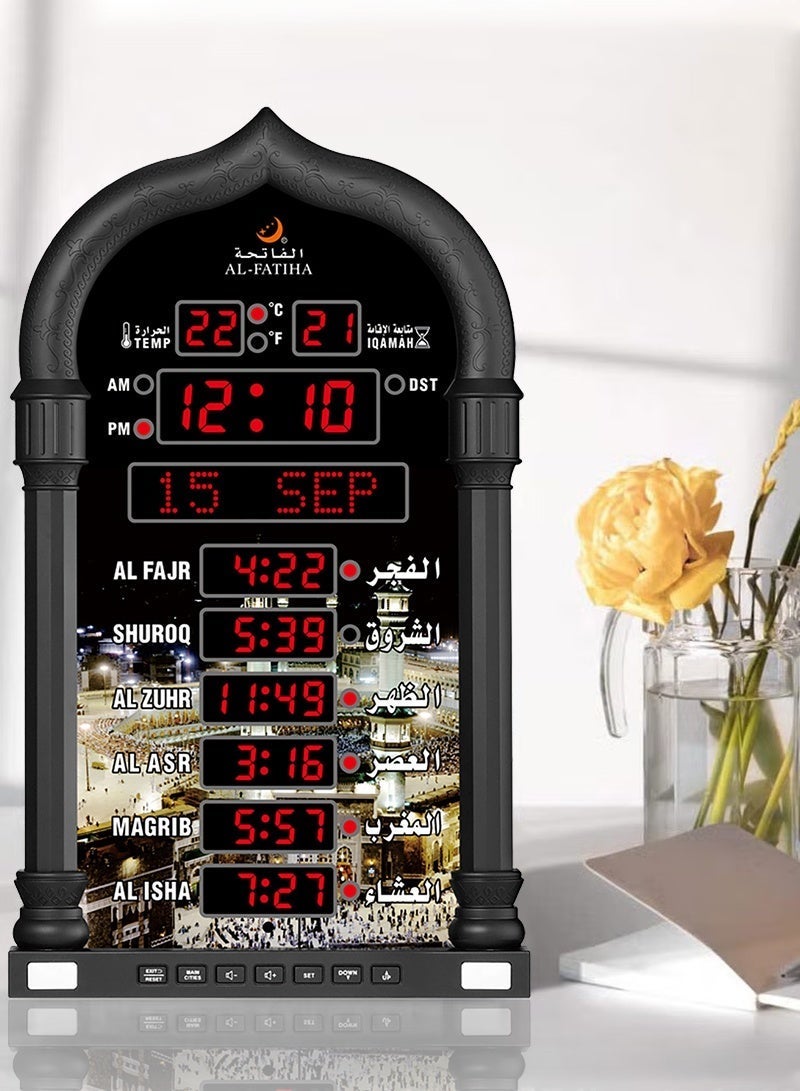 AL-FATIHA Multi-Language Azan Wall Clock with LED Digital Display, Wireless Speaker and 8 Athan Sounds for Mosque and Islamic Prayer (Black) - Image 1