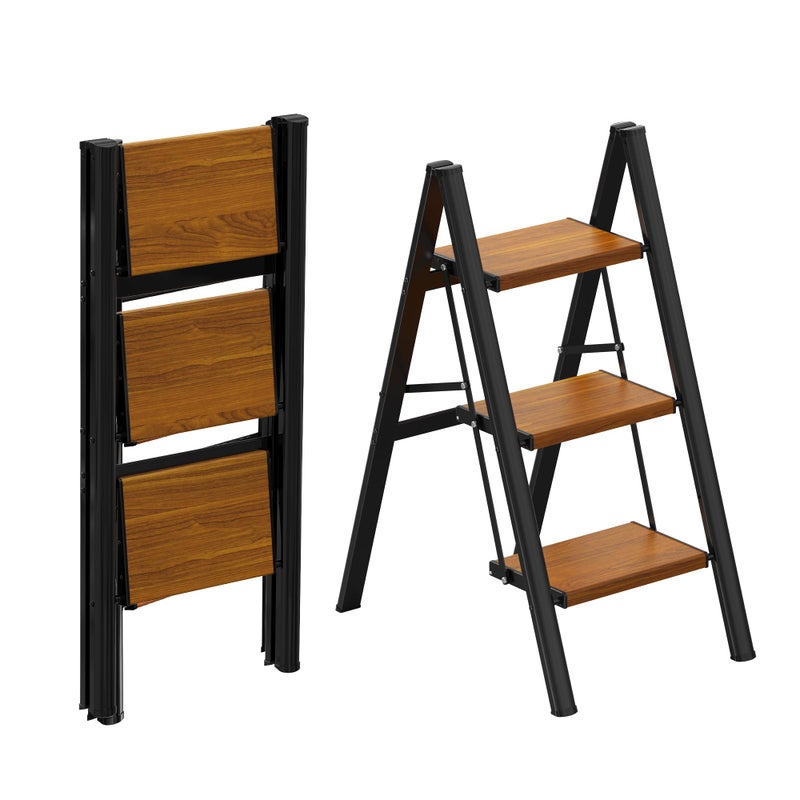 HBTower Step Ladder,Lightweight Aluminum Folding Step Stool with Anti-Slip Wide Pedal,330lbs Capacity Step Ladder for Household,Kitchen,Office - BlackWoodgrain - Image 1