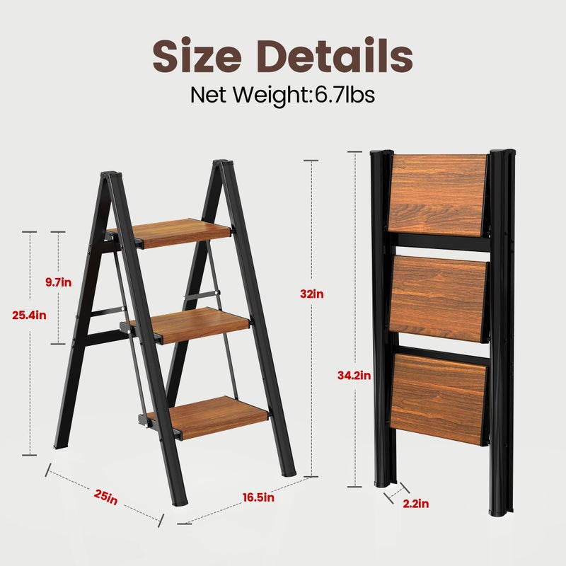 HBTower Step Ladder,Lightweight Aluminum Folding Step Stool with Anti-Slip Wide Pedal,330lbs Capacity Step Ladder for Household,Kitchen,Office - BlackWoodgrain - Image 5