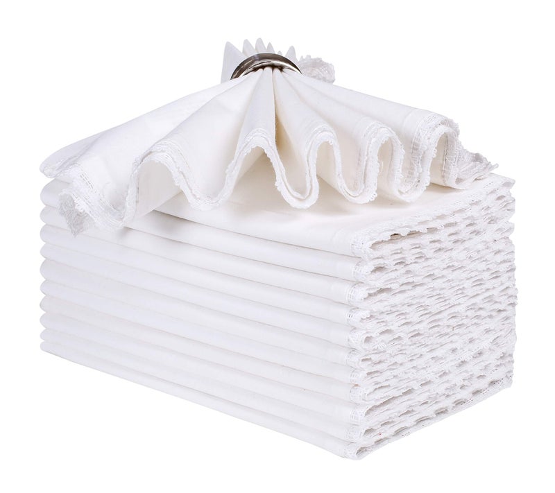 Lightnpro Set of 12 Cloth Dinner Napkins with Beautiful Lace Cotton Soft Durable Washable Ideal for Weddings Spring Summer Easter and Everyday Use 18x18 Inch White