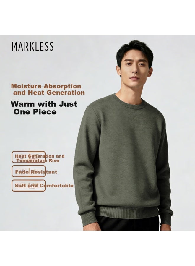 Markless Men's Knit Sweater Autumn Winter Thermal Warm Round Neck Loose Casual Base Shirt 1713 Iris Leaf L - Image 1